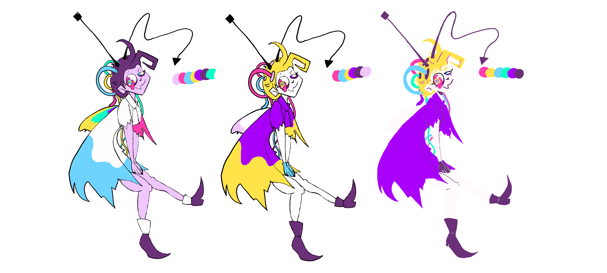 Dr, Jitterbug Character Design Iterations, Photoshop and FireAlpaca. Three iterations of Dr. Jitterbug based on the prompt "Science, Derange, and Superflat." She is a mad scientist who isolated herself to conduct experiments on herself to test her morality
