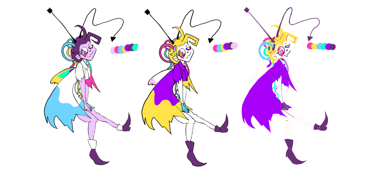 Dr, Jitterbug Character Design Iterations, Photoshop and FireAlpaca. Three iterations of Dr. Jitterbug based on the prompt "Science, Derange, and Superflat." She is a mad scientist who isolated herself to conduct experiments on herself to test her morality